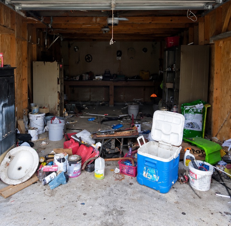 A garage before cleanout: cooler, paint buckets, a sink and debris across the floor